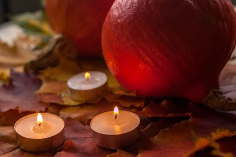 Composition with pumpkins and candles on maple leaves on wooden background. S Stock Photos