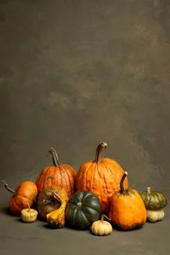 Composition of pumpkins of different color and size with hand-painted background Foto stock