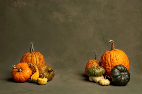 Composition of pumpkins of different color and size with hand-painted background Stock Photos