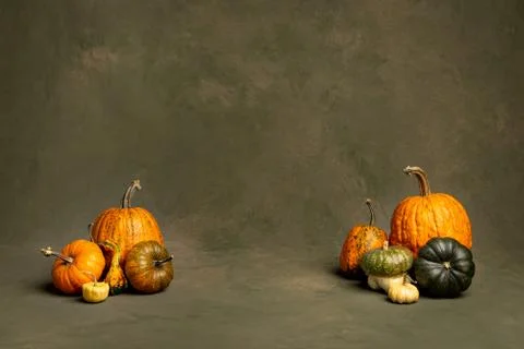 Composition of pumpkins of different color and size with hand-painted background Stock Photos