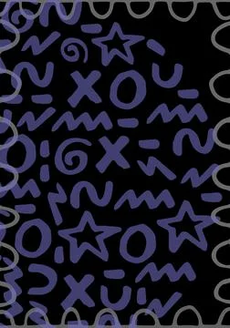 Composition of purple and grey squiggles and stars on black background Stock Illustration