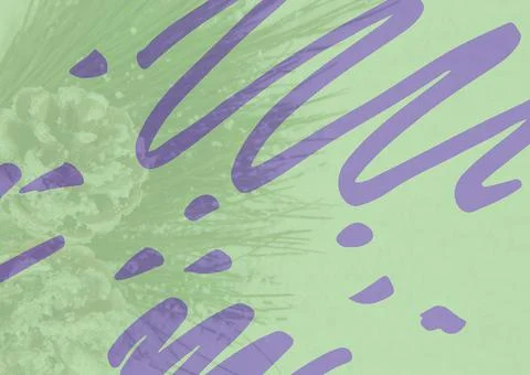 Composition of purple scribbles on green background with floral design 스톡 일러스트