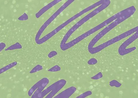 Composition of purple scribbles on green background with white particles Stockillustratie