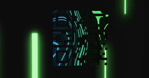 Composition of qr code and data processing over neon green lights Stock Illustration
