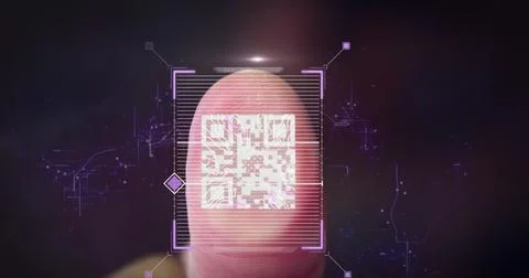 Composition of qr code and data processing over biometric fingerprint Stockillustratie