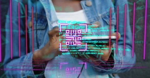 Composition of qr code and data processing over woman using smartphone Stock-Fotos