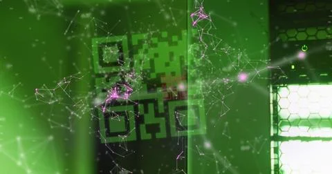 Composition of qr code and networks of connections over computer servers Illustrazione stock