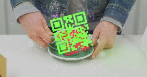 Composition of qr code and networks with data processing over caucasian man Stock-Fotos
