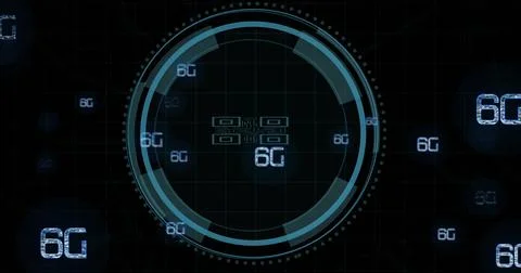 Composition of qr code and scope scanning with 6g texts on black background Stock-Illustration