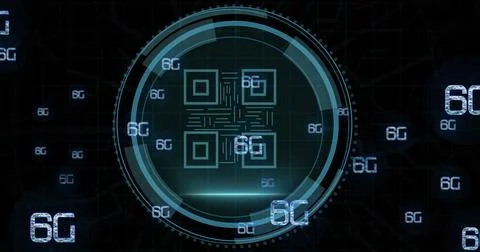 Composition of qr code and scope scanning with 6g texts on black background 스톡 일러스트