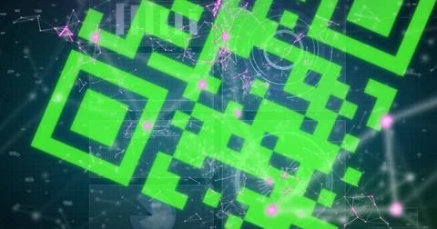 Composition of qr code over data processing and network of connections on black Stock Photos