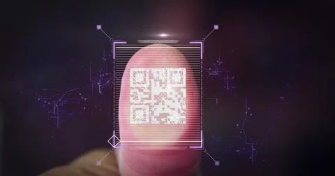 Composition of qr code over finger on black background Illustration