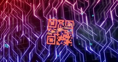 Composition of qr code over neon shapes on black background Illustrazione stock