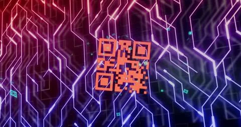 Composition of qr code over neon shapes on black background Illustrazione stock