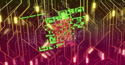 Composition of qr code over neon shapes and data processing on black background Stock Illustration