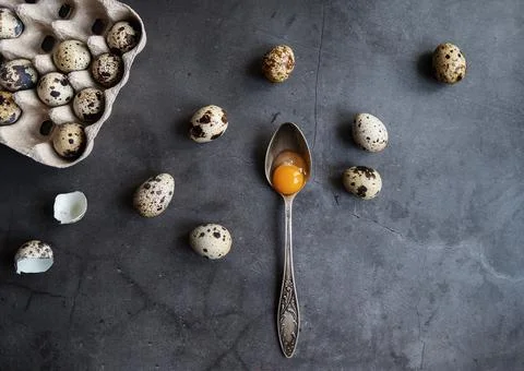 Composition of quail eggs in eco-friendly packaging with a spoon with the yol Foto stock