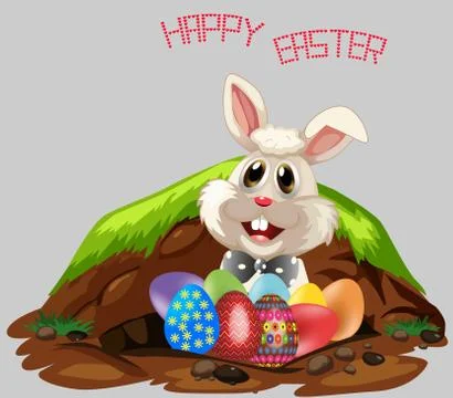 Composition with a rabbit and Easter eggs at the earthen hole Stock Illustration