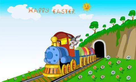 Composition with a rabbit carrying on a train Easter eggs. Stock Illustration