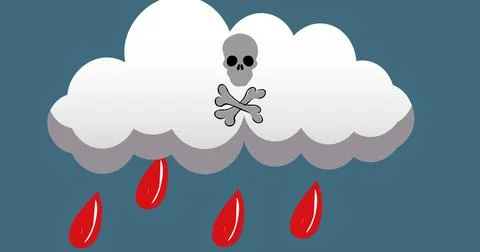 Composition of rain cloud dripping blood, with skull and crossbones poison sign Stock Illustration