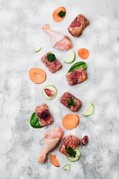 Composition with raw square cutlets on a light background. Natural dog food Stock Photos