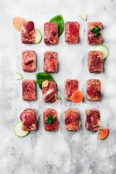 Composition with raw square cutlets on a light background. Natural dog food Stock Photos