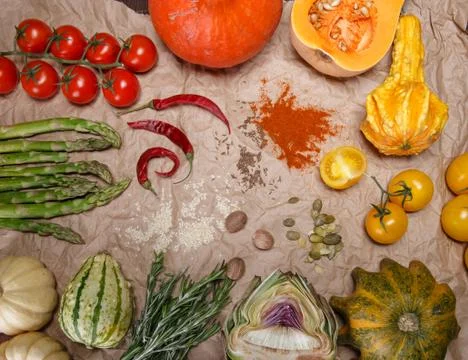 Composition with raw vegetables and spices Stock Photos