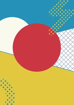 Composition of red circle, yellow and blue dot patterns on divided blue, white Stock Illustration