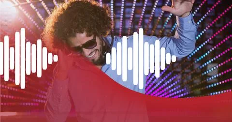 Composition of red curve and white sound frequency level meter over male dj and Stock Photos