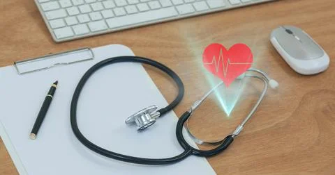 Composition of red heart and stethoscope with notebook on desk Stock Illustration