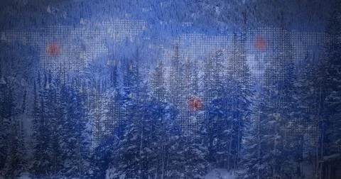 Composition of red location icons over world map and winter landscape Ilustração Stock