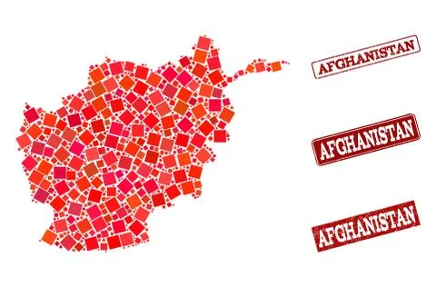 Composition of Red Mosaic Map of Afghanistan and Grunge Rectangle Stamps Stock Illustration