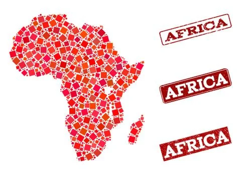 Composition of Red Mosaic Map of Africa and Grunge Rectangle Stamps Stock Illustration