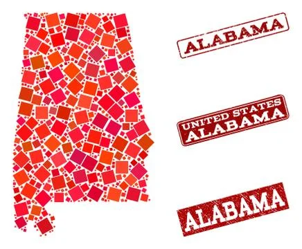 Composition of Red Mosaic Map of Alabama State and Grunge Rectangle Stamps Stock Illustration