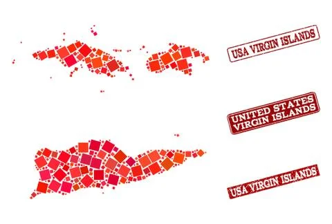 Composition of Red Mosaic Map of American Virgin Islands and Grunge Rectangle Stock Illustration