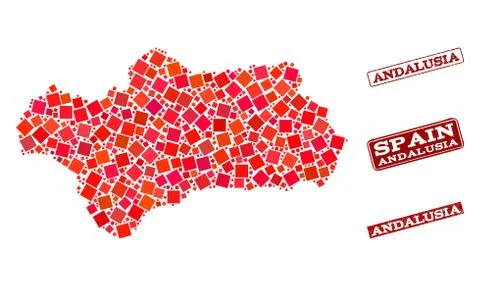 Composition of Red Mosaic Map of Andalusia Province and Grunge Rectangle Stamps Stock Illustration