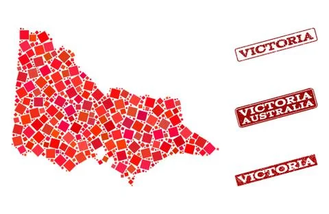 Composition of Red Mosaic Map of Australian Victoria and Grunge Rectangle Stamps Stock Illustration