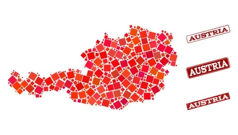 Composition of Red Mosaic Map of Austria and Grunge Rectangle Stamps Stock Illustration