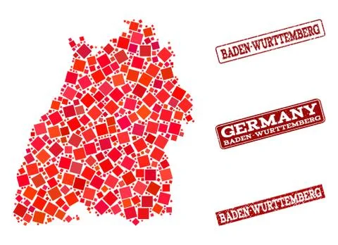 Composition of Red Mosaic Map of Baden-Wurttemberg State and Grunge Rectangle Illustrazione stock