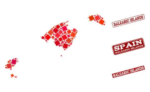 Composition of Red Mosaic Map of Balearic Islands and Grunge Rectangle Stamps Stock Illustration