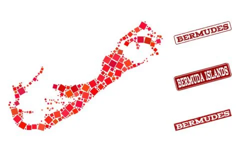 Composition of Red Mosaic Map of Bermuda Islands and Grunge Rectangle Stamps Stock Illustration