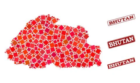 Composition of Red Mosaic Map of Bhutan and Grunge Rectangle Stamps 스톡 일러스트