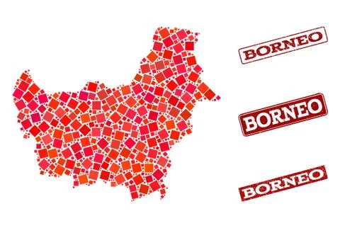 Composition of Red Mosaic Map of Borneo Island and Grunge Rectangle Stamps Stock Illustration