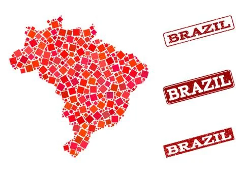 Composition of Red Mosaic Map of Brazil and Grunge Rectangle Stamps Stock Illustration