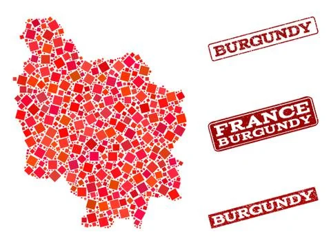 Composition of Red Mosaic Map of Burgundy Province and Grunge Rectangle Stamps Stock Illustration