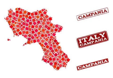 Composition of Red Mosaic Map of Campania Region and Grunge Rectangle Stamps Stock Illustration