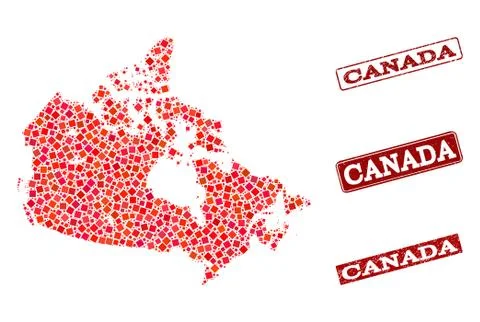 Composition of Red Mosaic Map of Canada and Grunge Rectangle Stamps Illustrazione stock