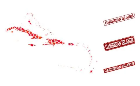 Composition of Red Mosaic Map of Caribbean Islands and Grunge Rectangle Stamps 스톡 일러스트