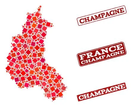 Composition of Red Mosaic Map of Champagne Province and Grunge Rectangle Stamps Stockillustratie