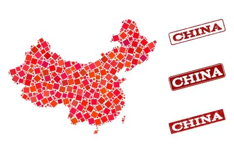 Composition of Red Mosaic Map of China and Grunge Rectangle Stamps Illustrazione stock