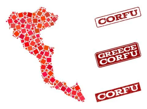 Composition of Red Mosaic Map of Corfu Island and Grunge Rectangle Stamps Stock Illustration